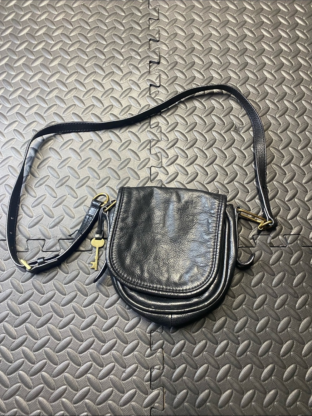Black Fossil Cow Hide Leather Crossbody Bag